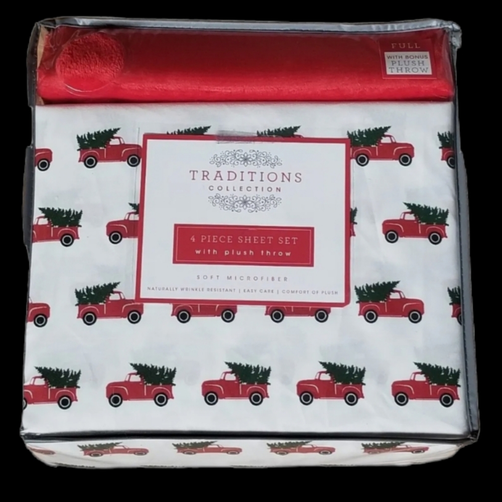 Christmas Holiday Red Truck Tree Microfiber Full Sheet Set w/ Plush Throw